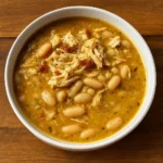 Bowl of white cheddar apple chicken chili steaming on rustic table