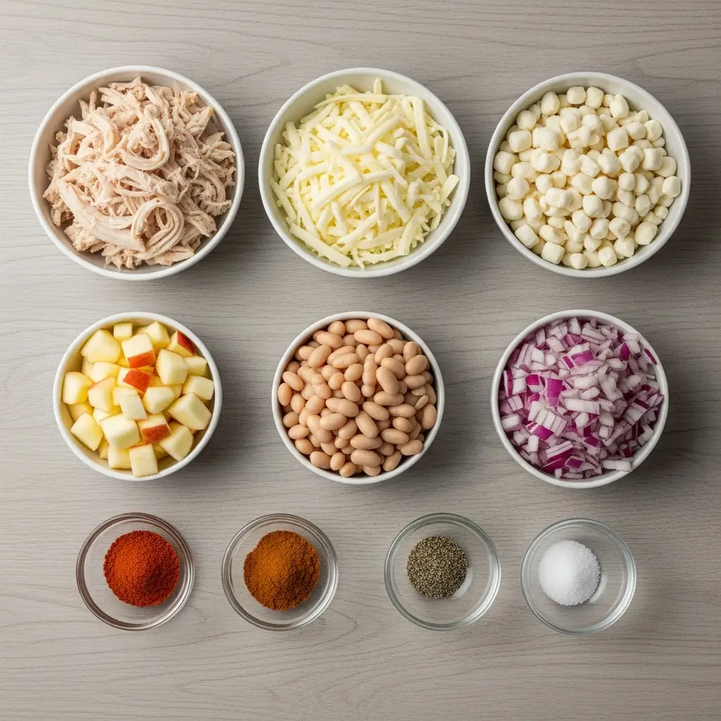 Ingredients for white cheddar apple chicken chili recipe