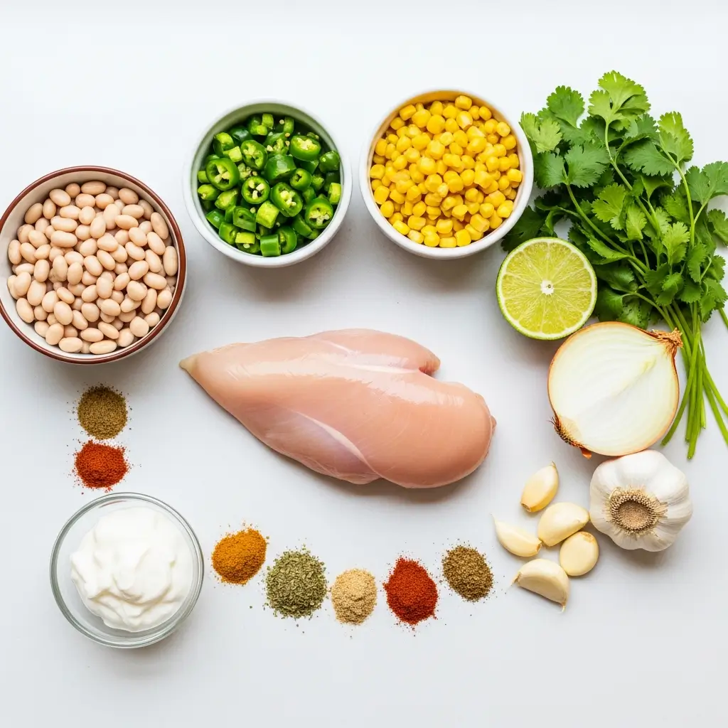 Ingredients for low calorie white chicken chili with Greek yogurt