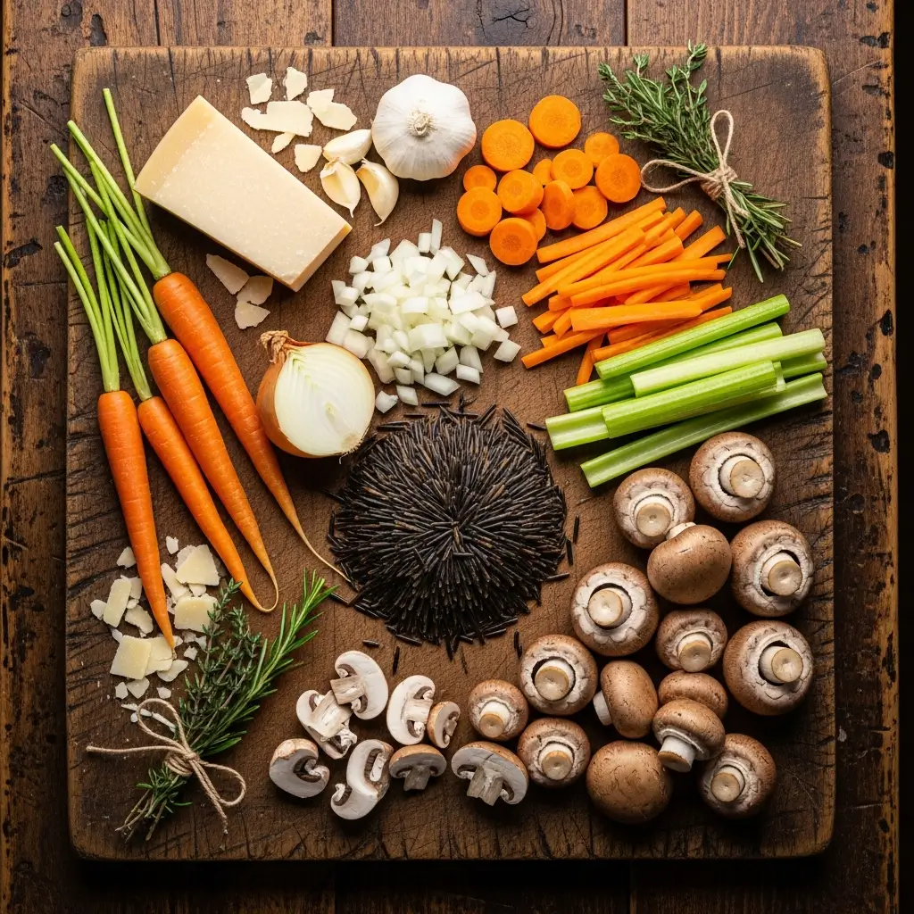 Ingredients for easy wild rice and mushroom soup