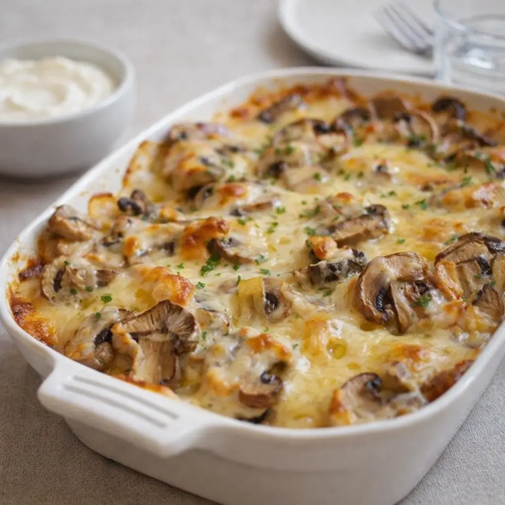 Baked Cheesy Mushrooms Casserole in white dish