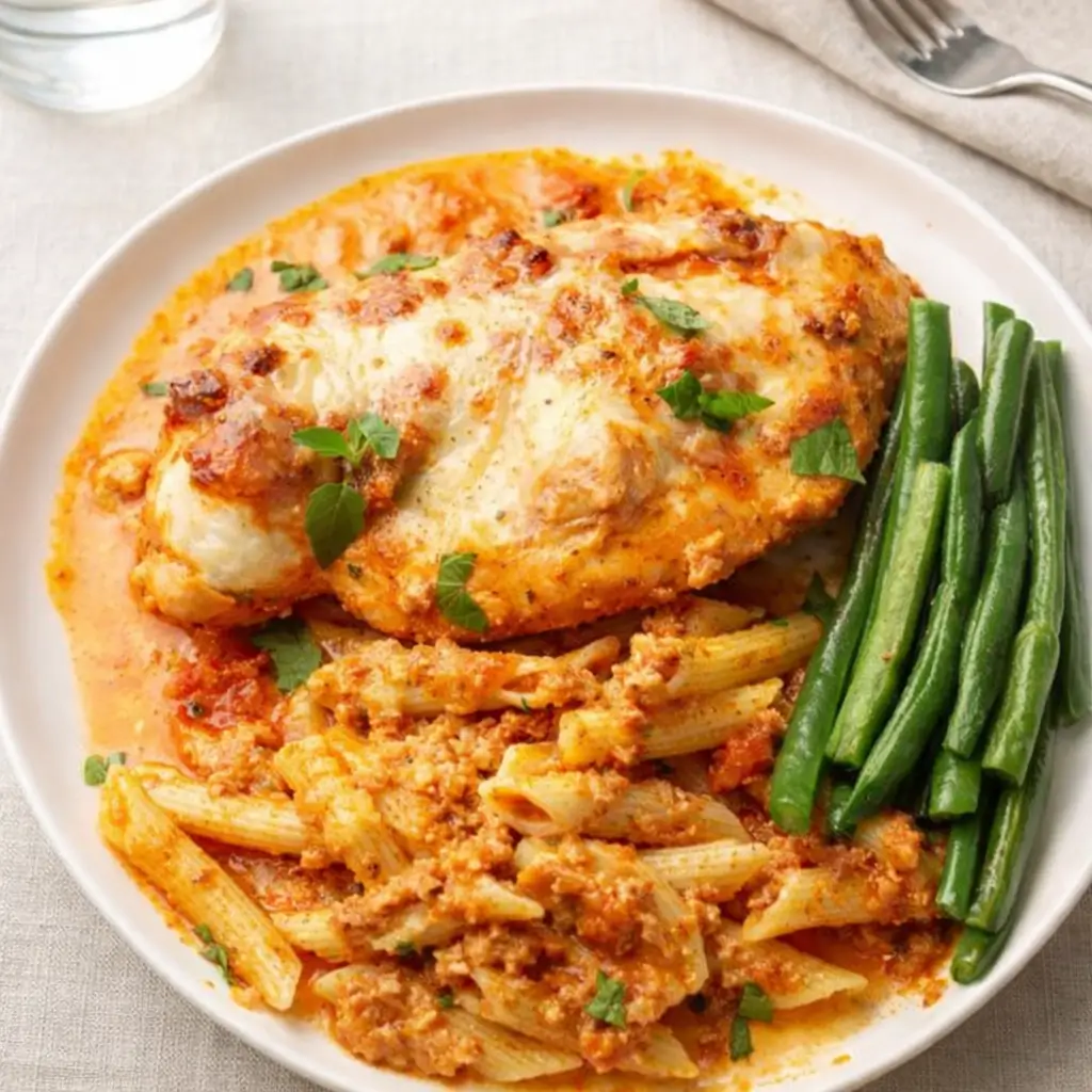 Baked Ricotta Chicken fresh from the oven in a casserole dish