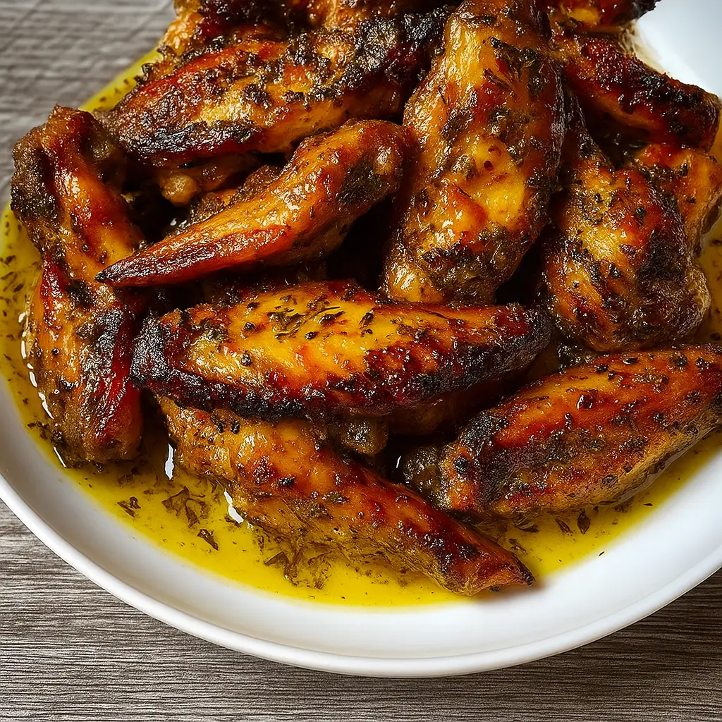 Baked turkey wings golden and crispy in baking dish