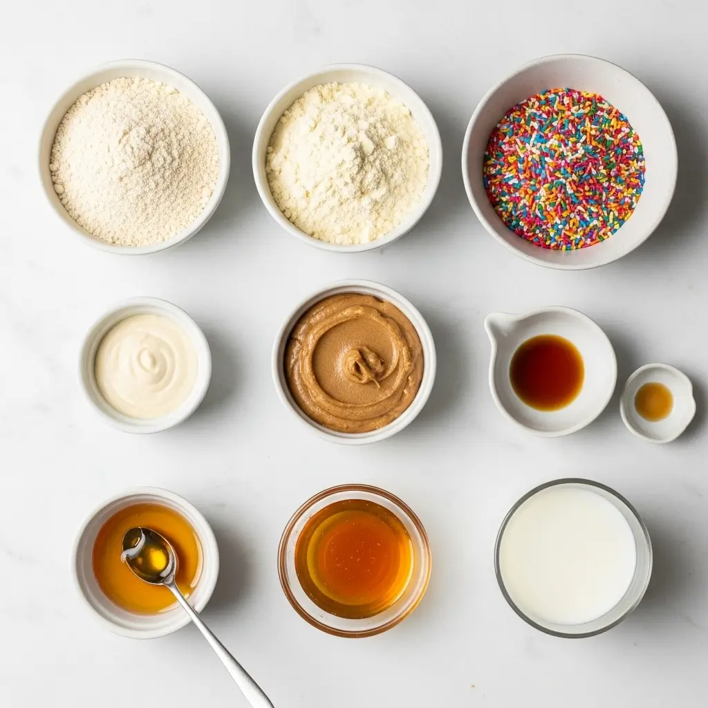 Ingredients for Birthday Cake Protein Balls laid out on marble