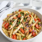 Bruschetta Chicken Pasta in a white bowl with tomatoes and basil
