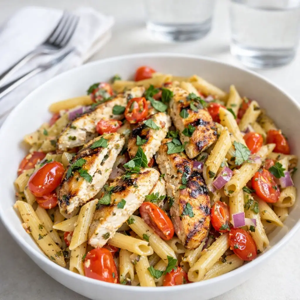 Bruschetta Chicken Pasta in a white bowl with tomatoes and basil