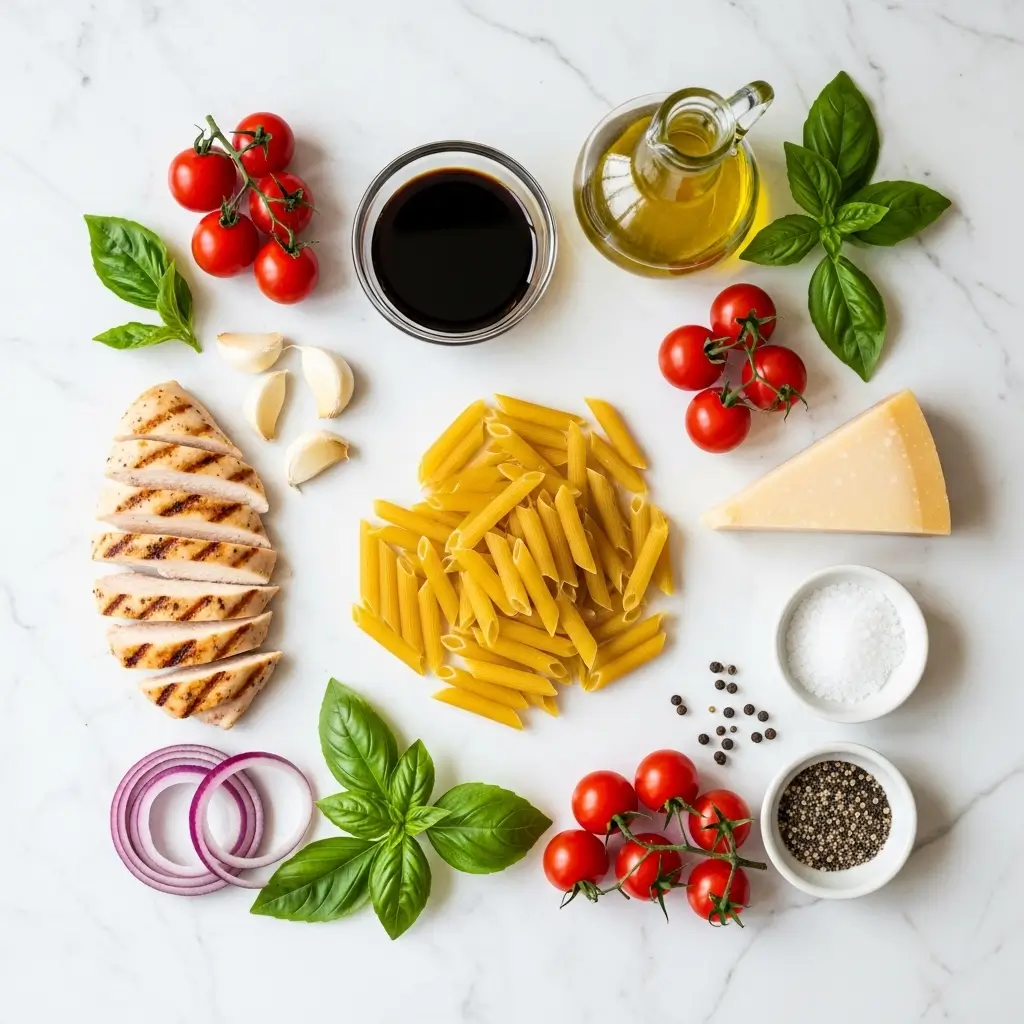 Ingredients for Bruschetta Chicken Pasta laid out on a counter