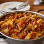 Cabbage and ground beef in a skillet served with bread