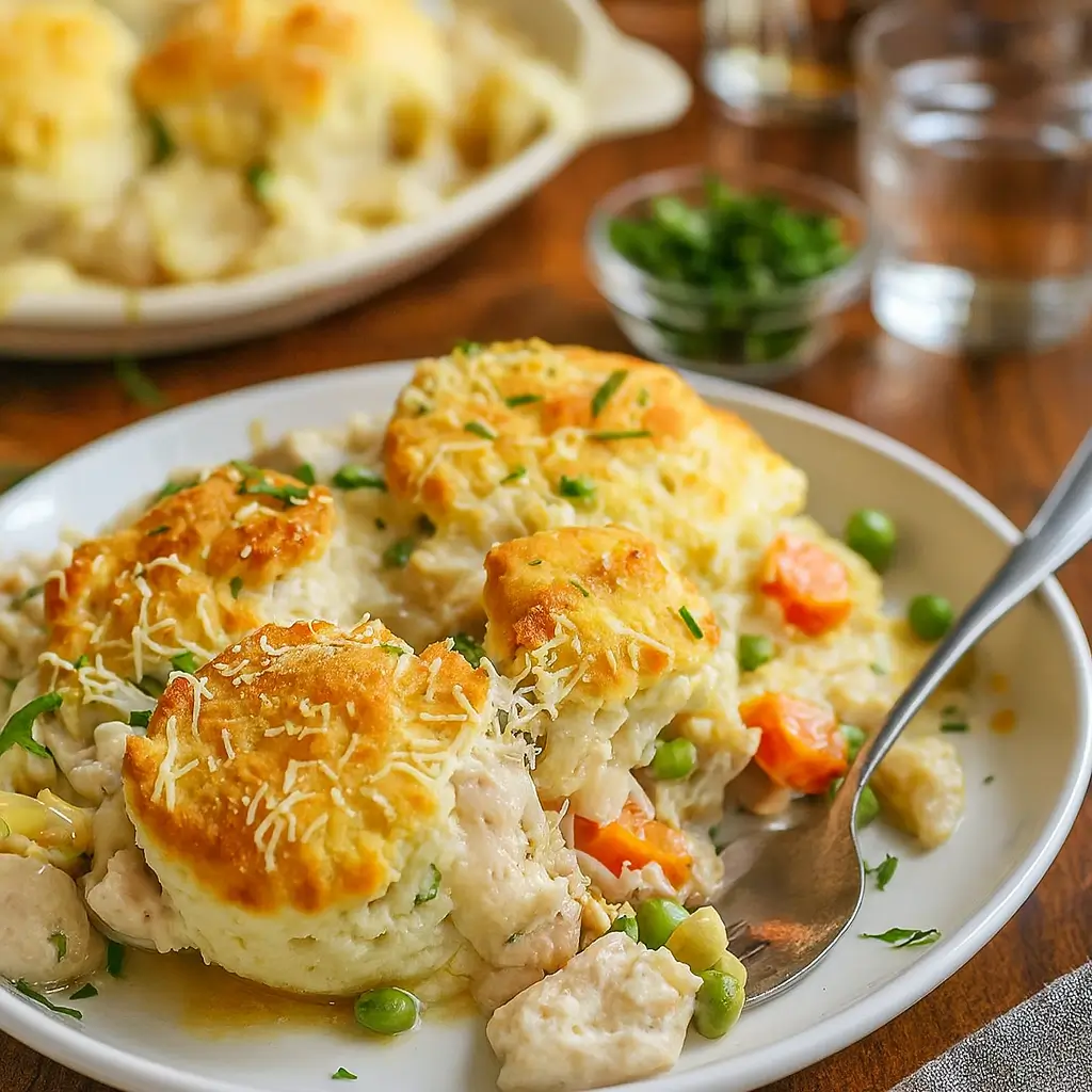 Cheddar Bay Biscuit Chicken Pot Pie in a rustic skillet