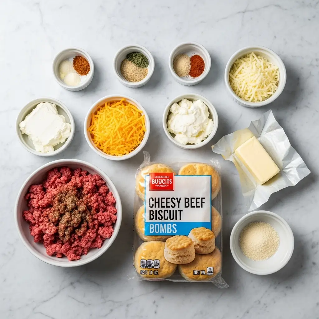 Ingredients for Cheesy Beef Biscuit Bombs