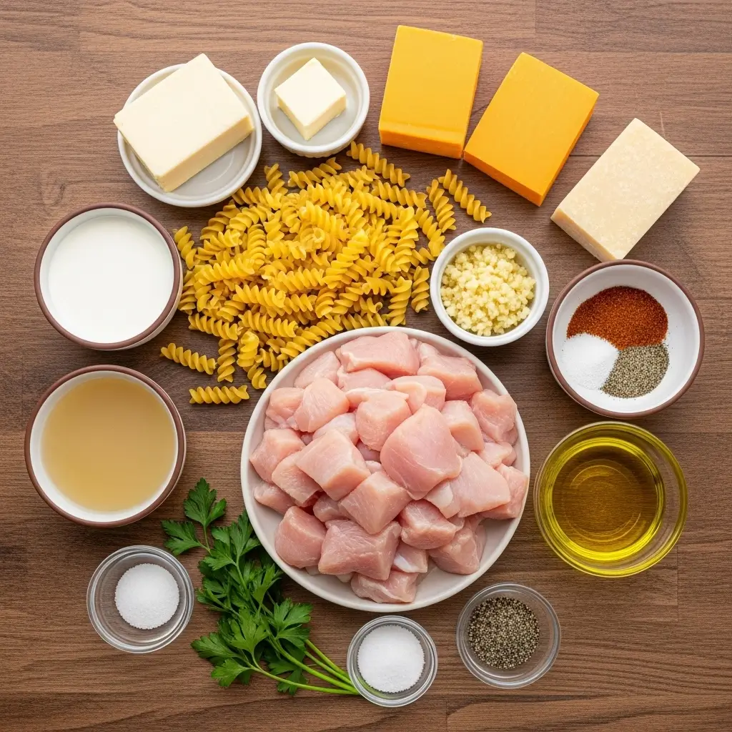 Ingredients for Cheesy Cajun Garlic Chicken Rotini Skillet laid out on a counter