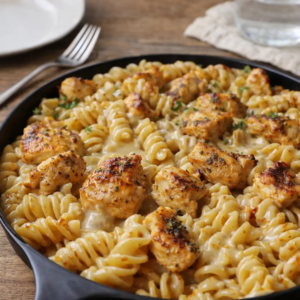 Cheesy Cajun Garlic Chicken Rotini Skillet in a cast iron pan