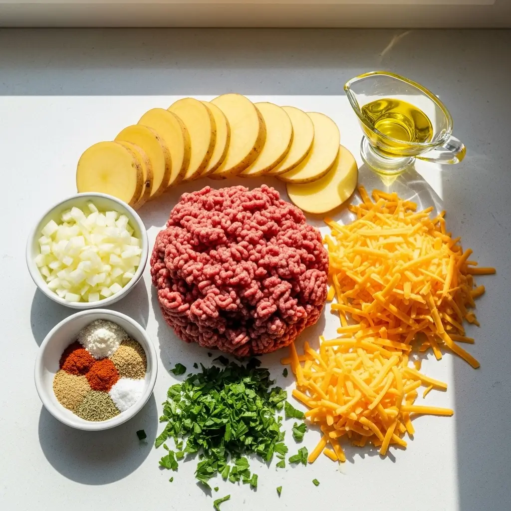 ingredients for cheesy ground beef and potato casserole