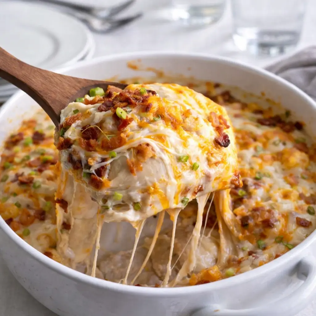 Cheesy Pierogi Casserole fresh from oven