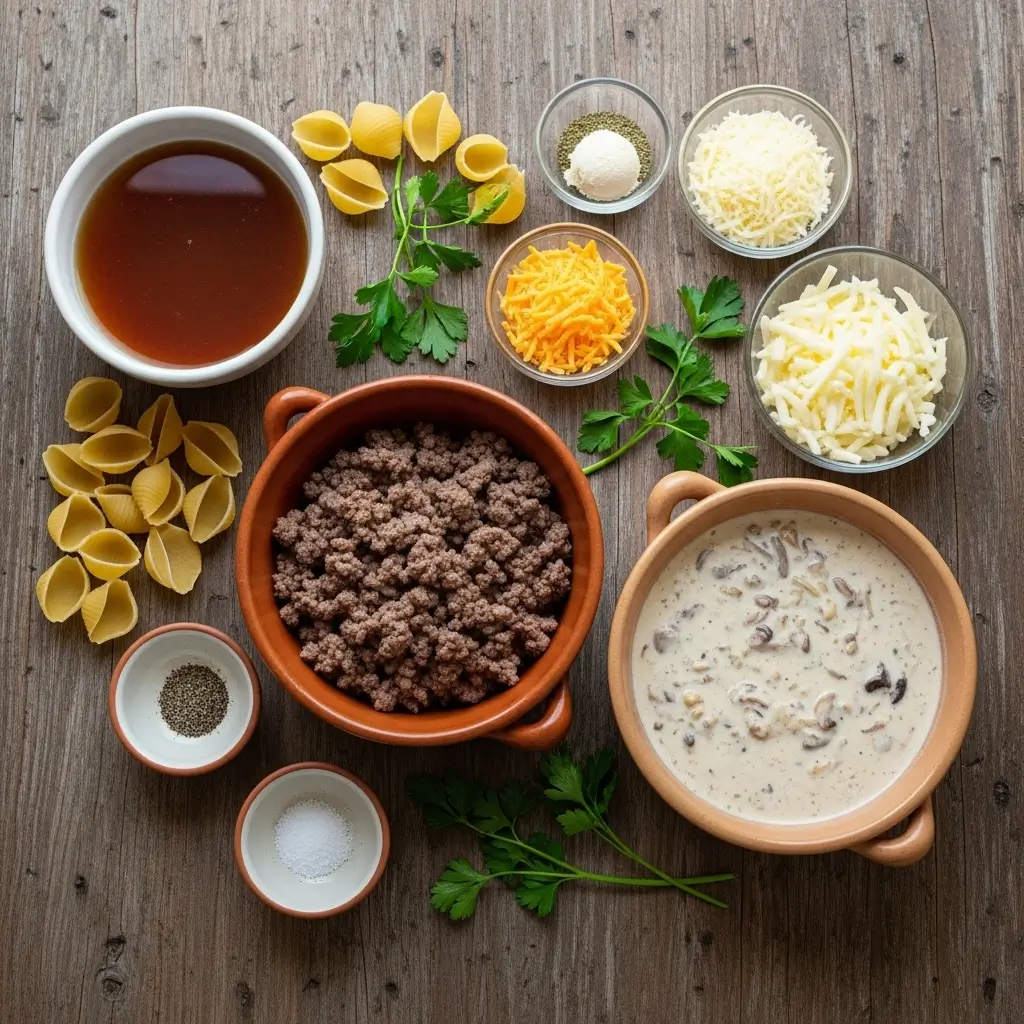 Ingredients for Crockpot Cheesy Ranch Beef Pasta Shells