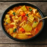 chicken and cabbage soup in a rustic bowl
