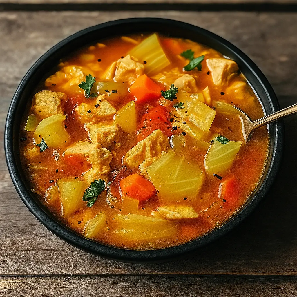 chicken and cabbage soup in a rustic bowl