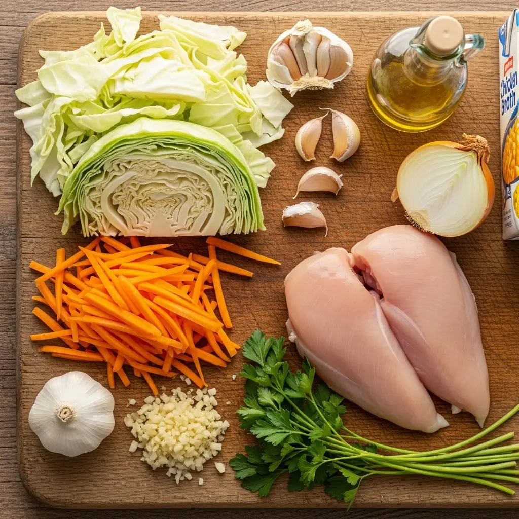 ingredients for chicken and cabbage soup laid out on board