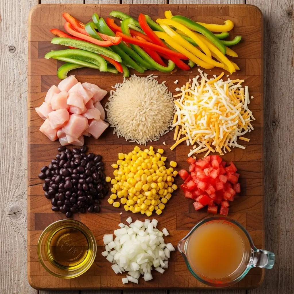 Ingredients for Easy Chicken Fajita Rice Casserole laid out