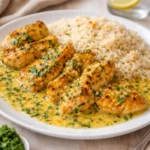 Chicken Scampi with Garlic Parmesan Rice served on a white plate