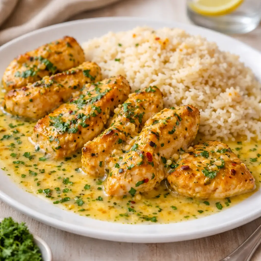 Chicken Scampi with Garlic Parmesan Rice served on a white plate