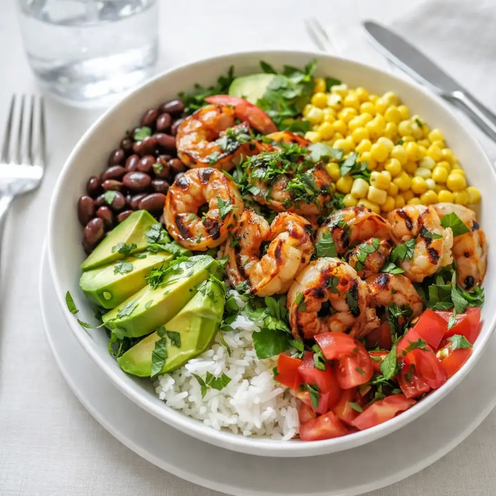 Chipotle Lime Shrimp Bowl with rice, shrimp, and avocado