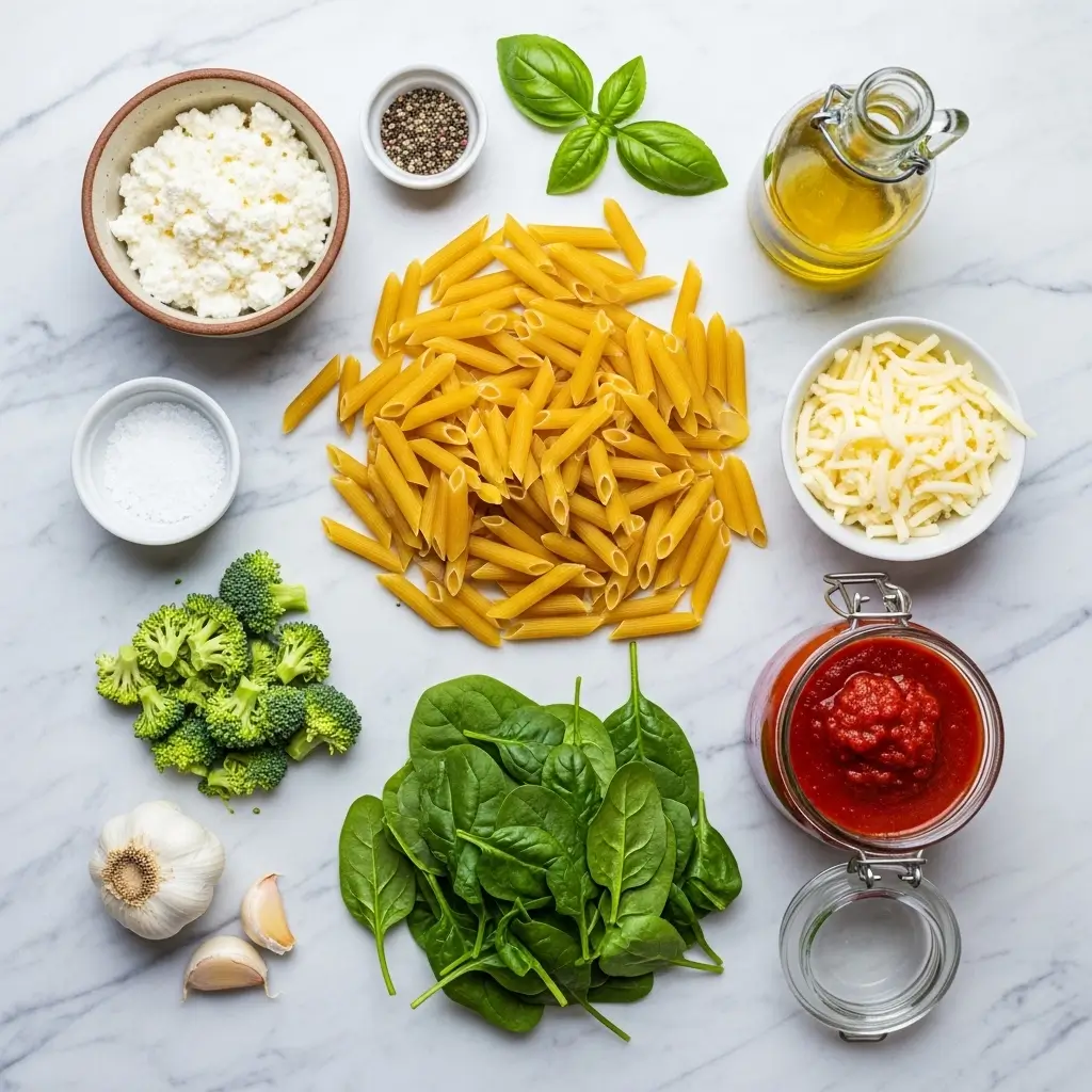 Ingredients for Healthy Cottage Cheese Pasta Bake With Veggies