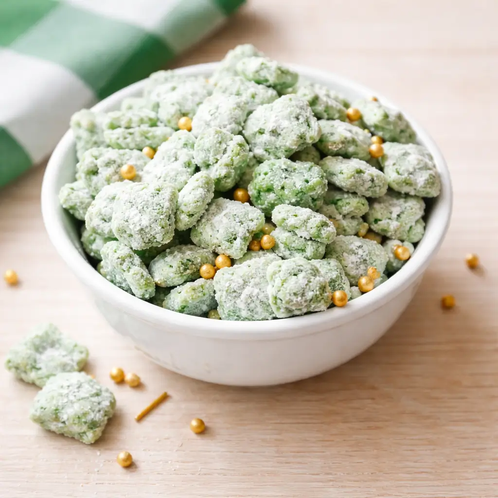 Crazy Yummy Saint Patrick’s Day Puppy Chow in a festive bowl