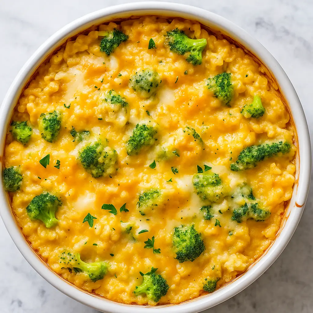 Creamy Chicken Broccoli Rice Cheese Casserole fresh from oven