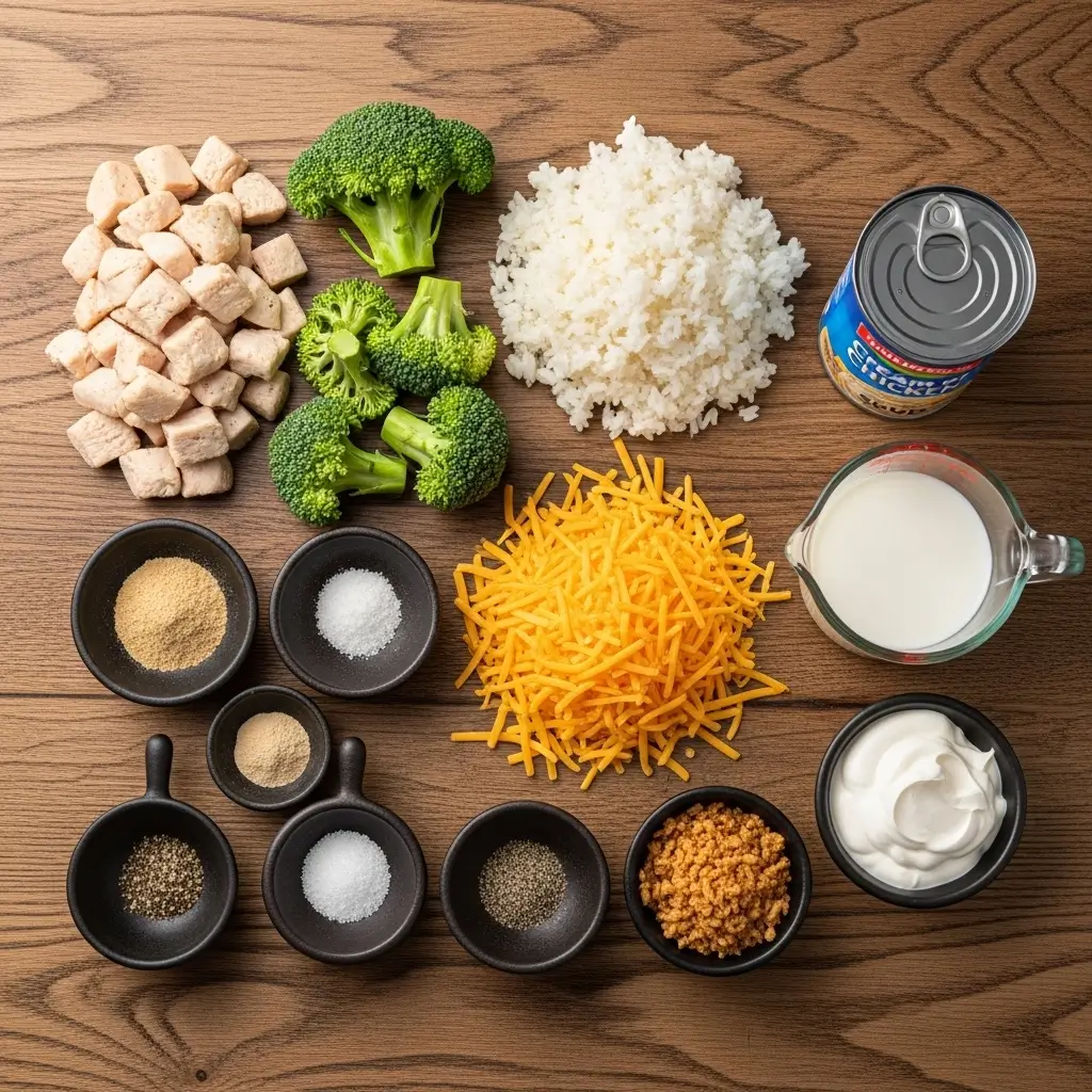 Ingredients for Creamy Chicken Broccoli Rice Cheese Casserole