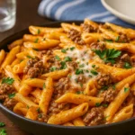 creamy high protein beef pasta served hot