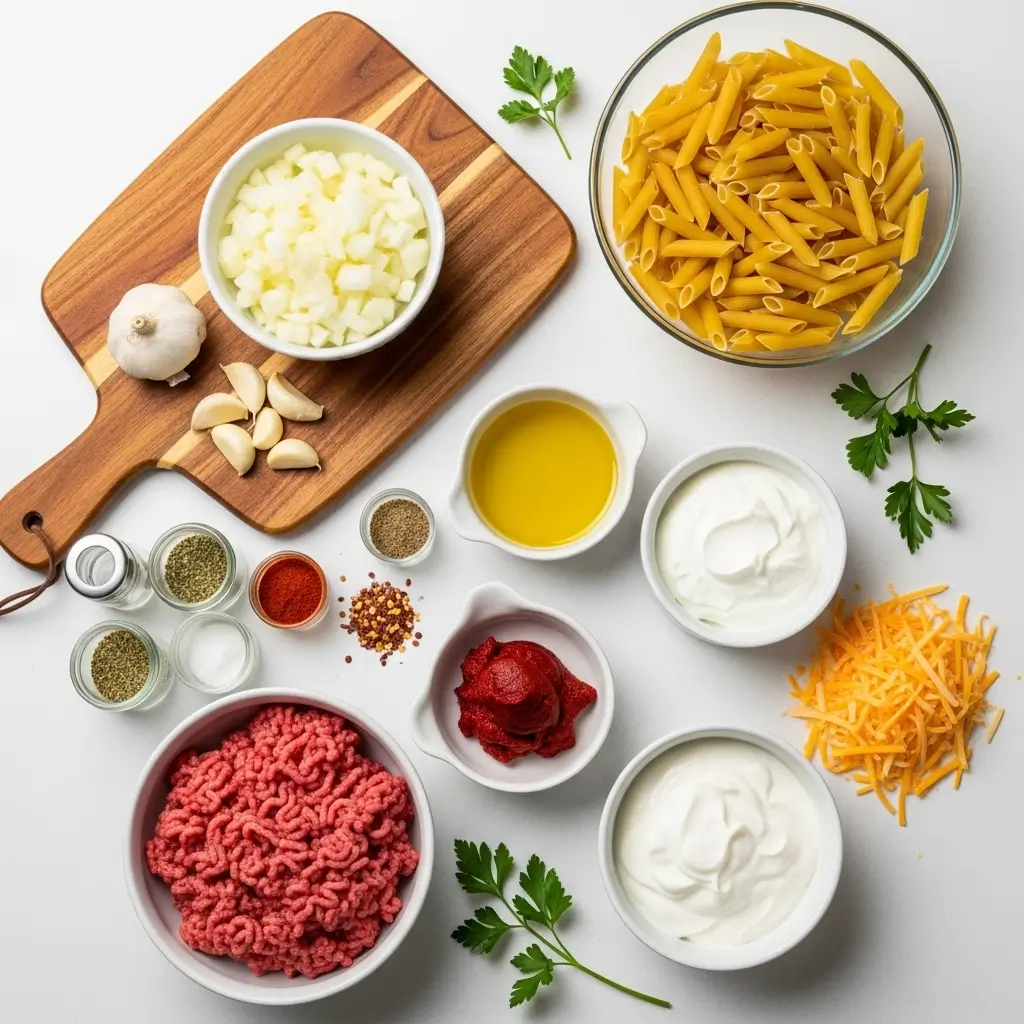 ingredients for creamy high protein beef pasta recipe
