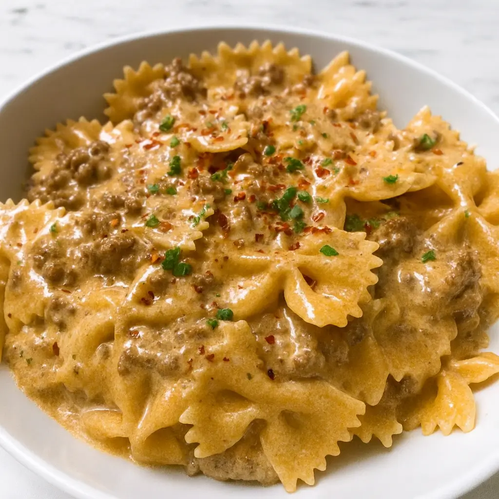 Creamy Parmesan Garlic Beef Bowtie Pasta served warm