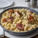 Creamy Pepper Jack Chicken and Sausage Pasta in a skillet