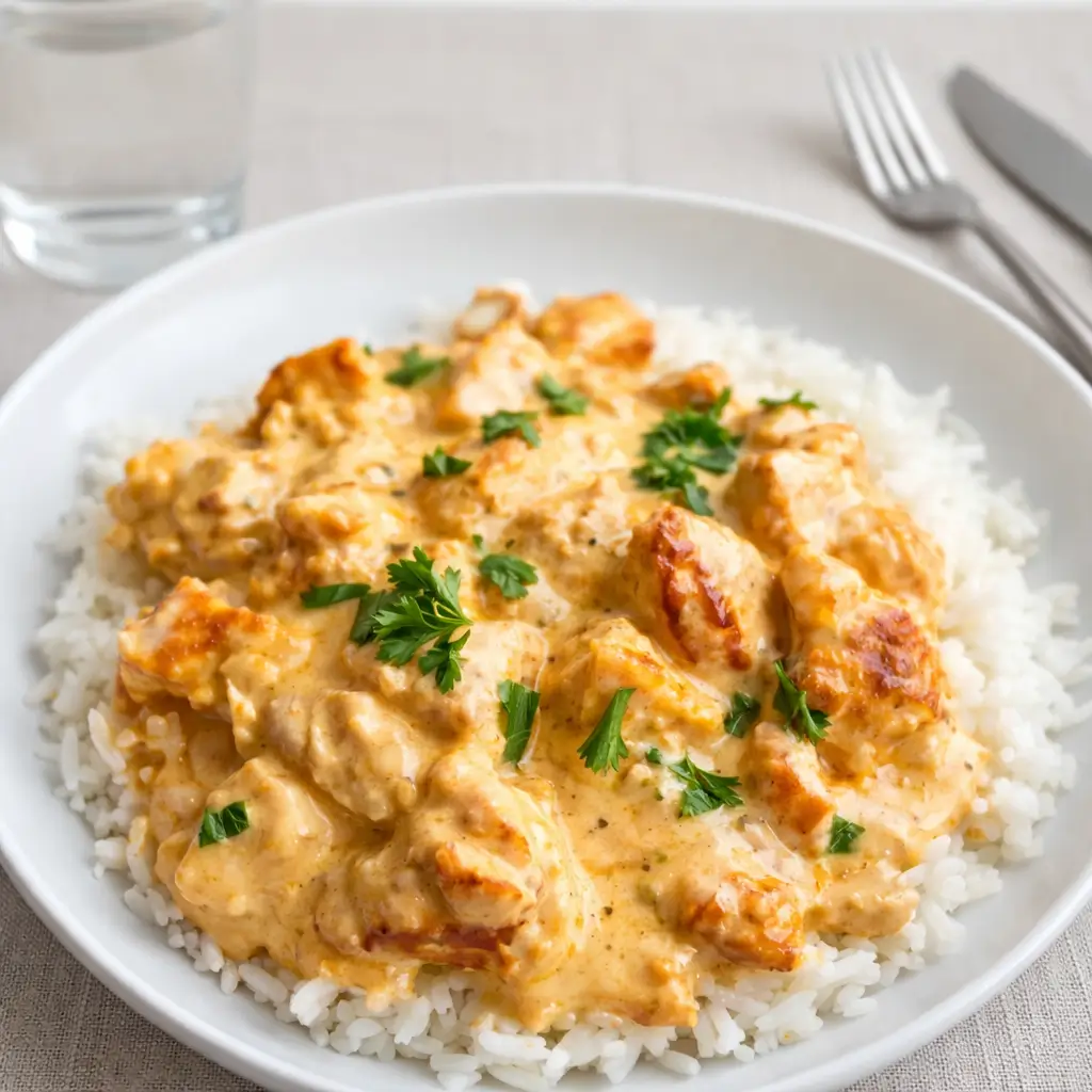 Creamy Smothered Chicken and Rice in skillet with cheesy sauce