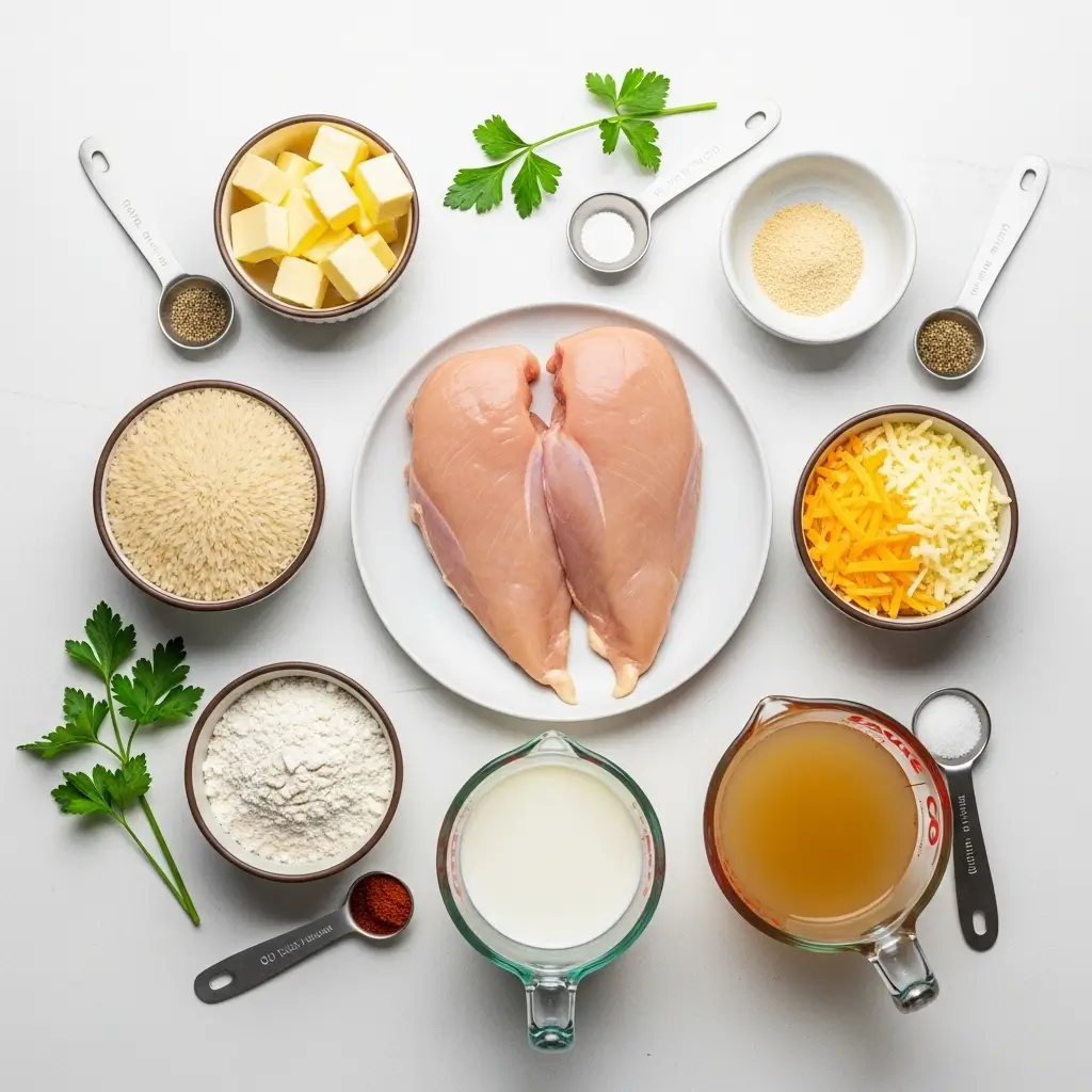 Ingredients for creamy smothered chicken and rice laid out