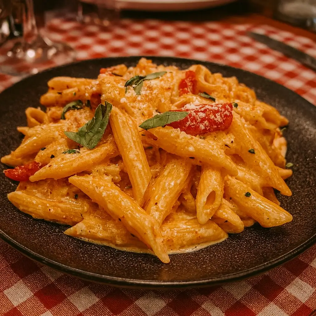 creamy tomato ricotta pasta in a bowl with basil