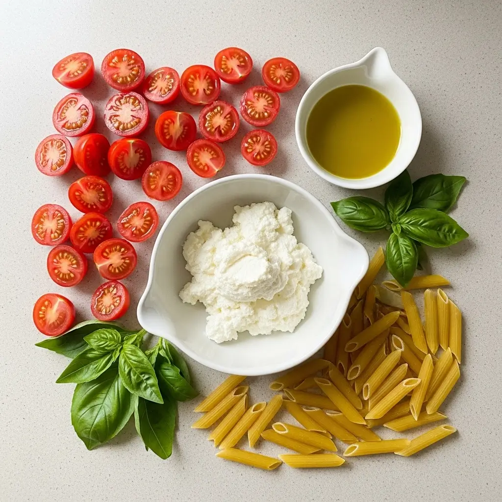 ingredients for creamy tomato ricotta pasta laid out