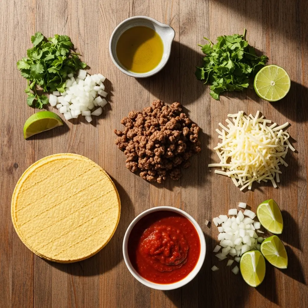 Ingredients for crispy baked beef tacos arranged on a table