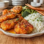 Crispy Chinese Takeout Sesame Chicken on rice