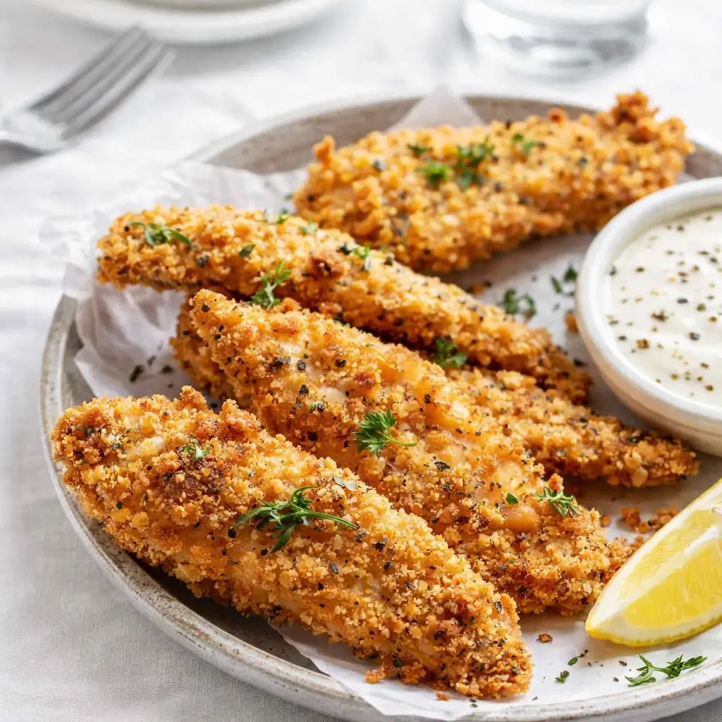 Crispy oven baked chicken tenders on a plate with dipping sauce