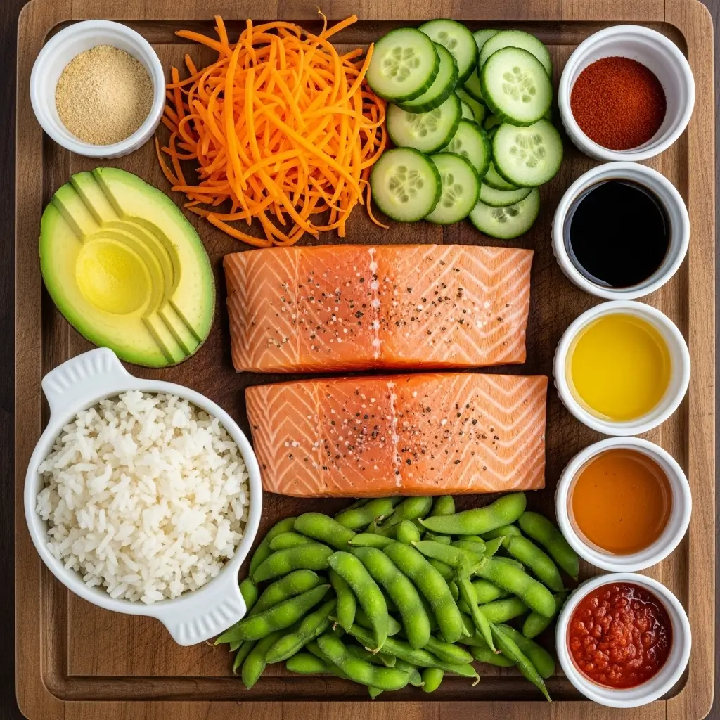 Ingredients for Crispy Salmon and Rice Bowl