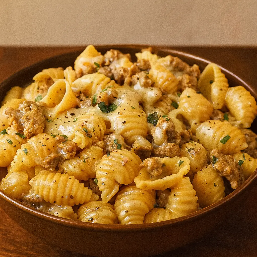 Crockpot Cheesy Ranch Beef Pasta Shells in a cozy bowl
