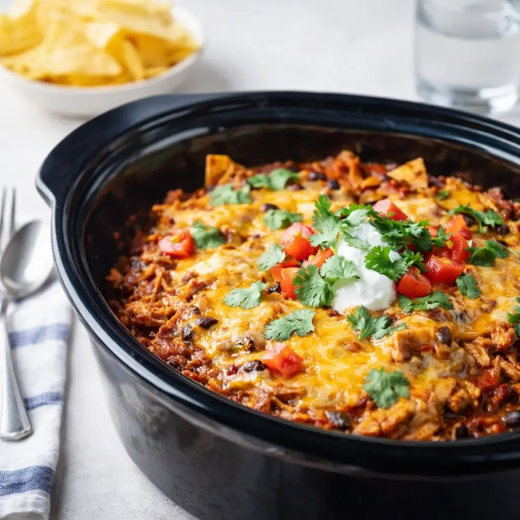 Crockpot Chicken Enchilada Casserole in slow cooker