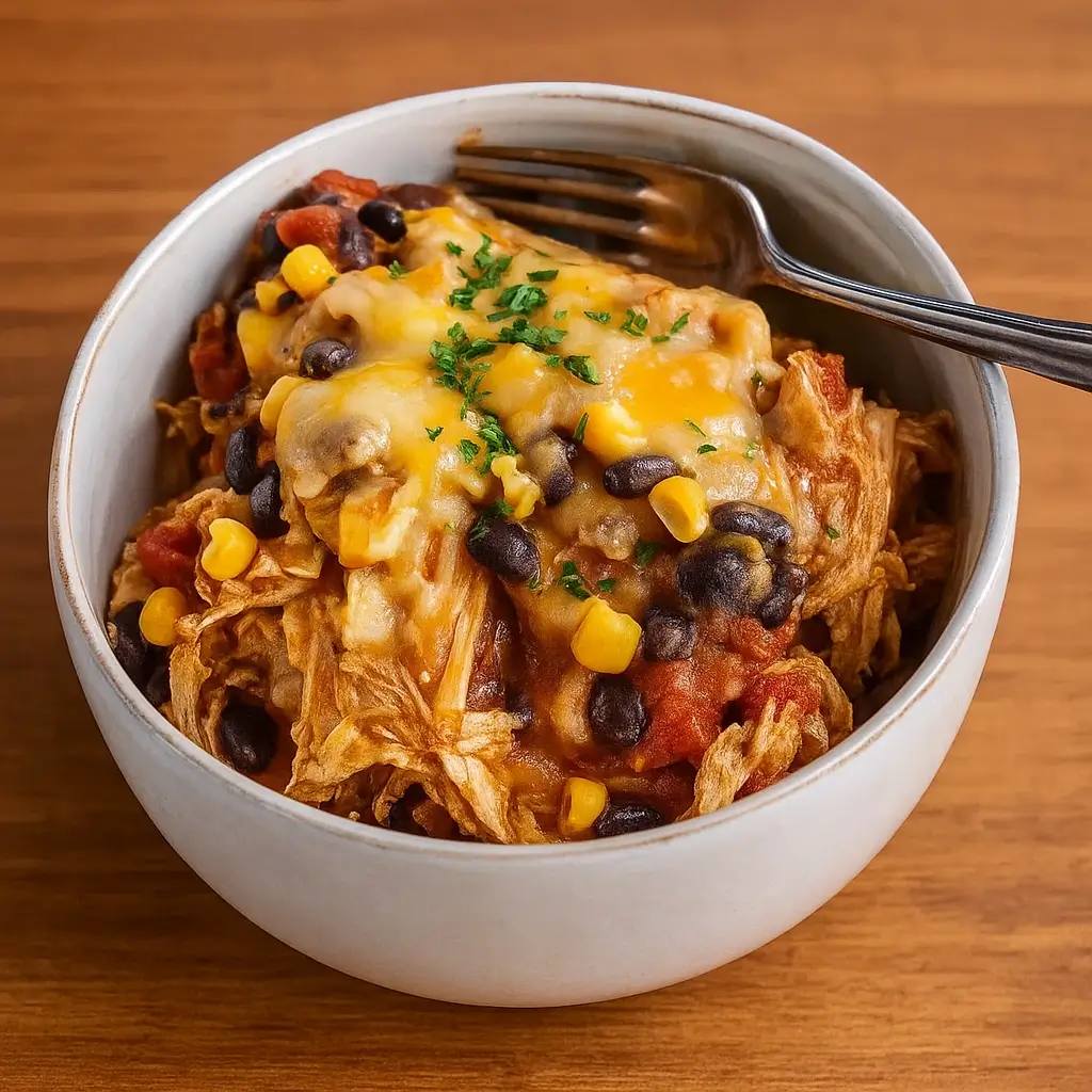 Crockpot Chicken Enchiladas Casserole served with toppings
