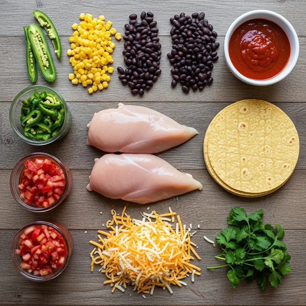Ingredients for Crockpot Chicken Enchiladas Casserole laid out