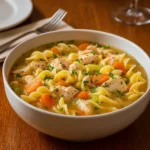 Crockpot Chicken Noodle Soup in a bowl with vegetables and noodles