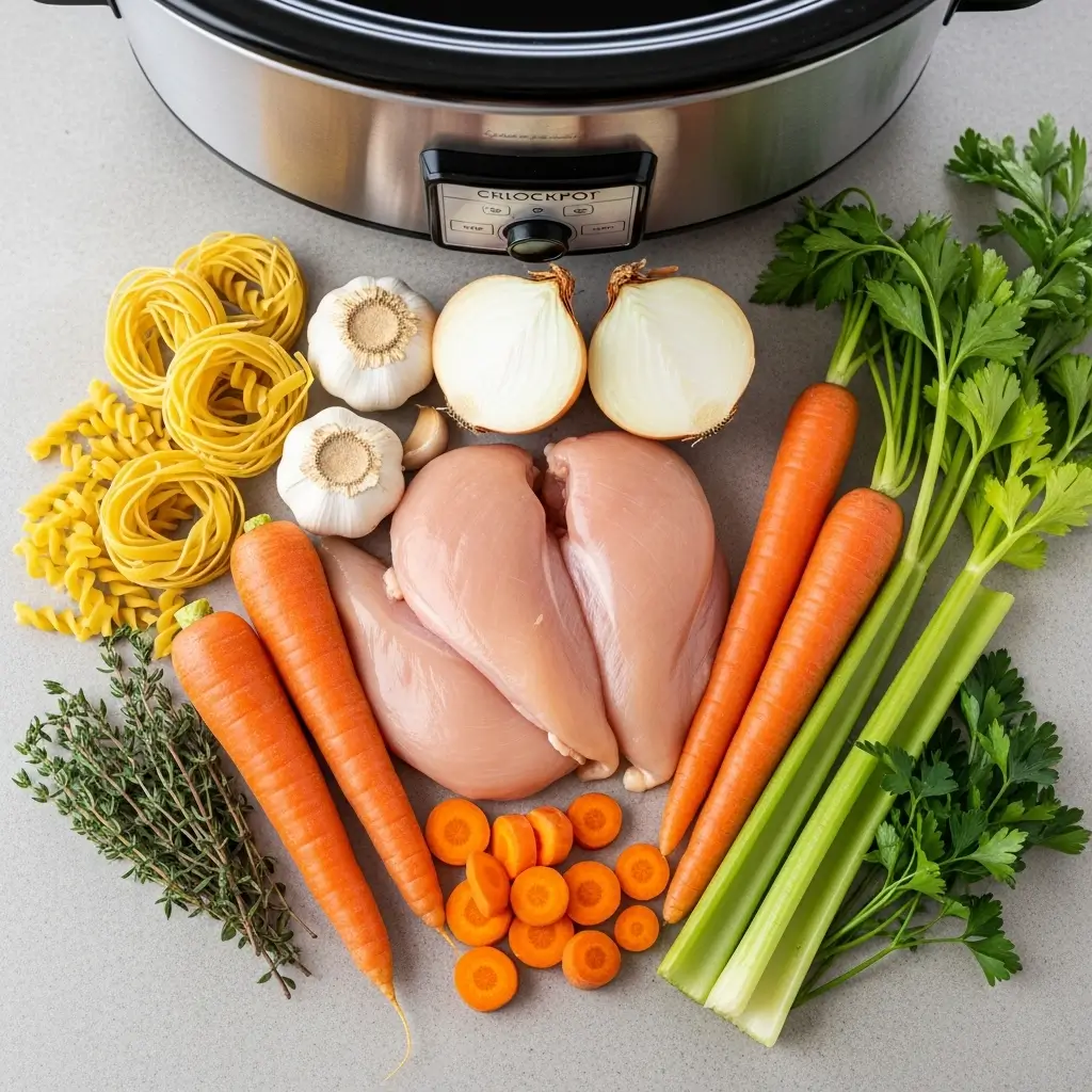 Ingredients for Crockpot Chicken Noodle Soup laid out on counter