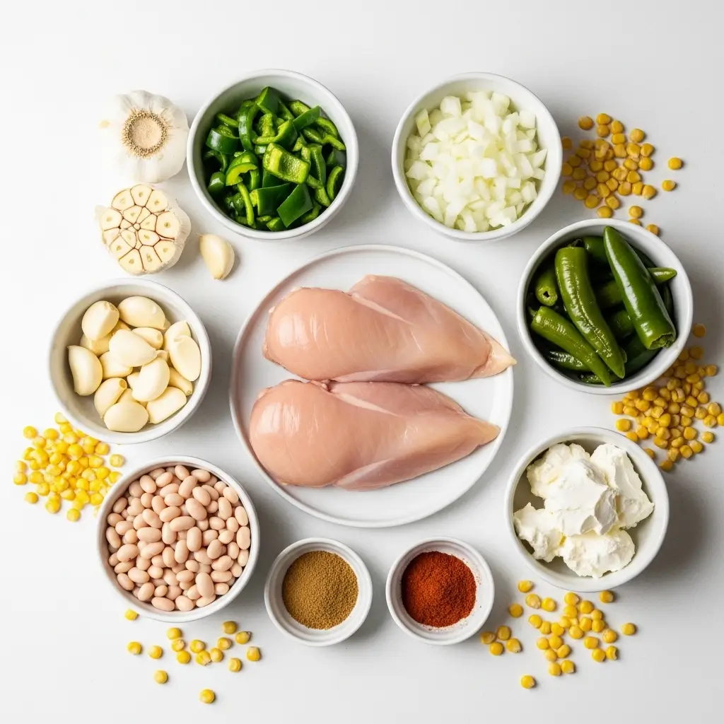 Crockpot Healthy White Chicken Chili Ingredients Flat Lay