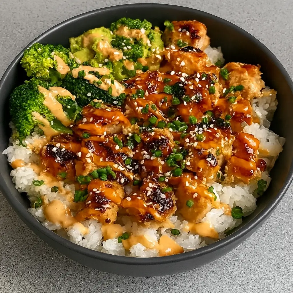 Delicious Sticky Chicken Rice Bowls served with sesame and green onions